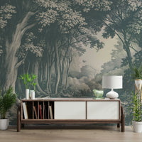 Serene woodland mural in deep teal tones

