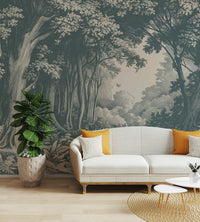 Foggy forest scene in blue-green hues on wall

