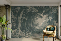 Bedroom feature wall with teal forest mural

