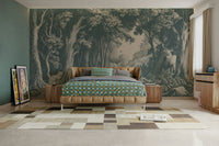 Teal forest wall mural with dreamy tree silhouettes


