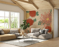 Japanese chrysanthemum wall mural with gold accents

