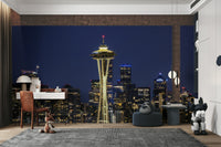 Stunning blue hour mural of Seattle skyline with Space Needle

