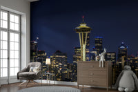 Peel-and-stick Seattle skyline at blue hour wall mural

