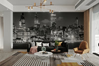 Black-and-white Manhattan skyline mural with Little Island

