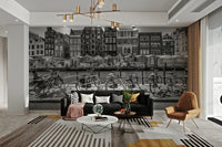 Monochrome Amsterdam mural with flower market design

