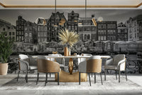 Beautiful monochrome mural of Amsterdam's iconic canal

