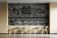 Amsterdam canal and flower market mural in black and white

