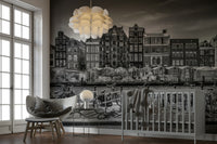 Classic black-and-white flower market mural for walls


