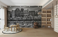 Black and white Amsterdam canal mural for living rooms

