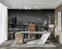 Iconic Brooklyn Bridge view at night in monochrome design

