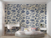 Artistic aquatic fish wallpaper in Delft Blue for rooms

