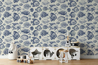 Quirky fish design wallpaper in calming Delft Blue hues

