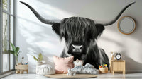Bold and sophisticated Monochrome Highland cattle mural

