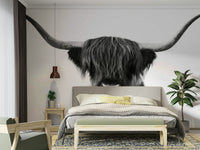Monochrome Highland Horns and Hair mural for dramatic interiors

