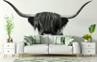 Monochrome Highland Horns and Hair wall mural for bold decor

