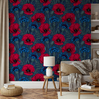 Vibrant floral wallpaper with poppies and cornflowers design

