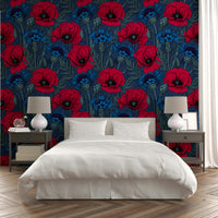 Bold poppies and cornflowers wallpaper for dark interiors

