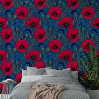 Midnight Garden Poppies and Cornflowers wallpaper for living rooms

