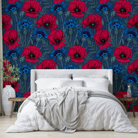 Elegant Midnight Garden wallpaper with poppies and cornflowers

