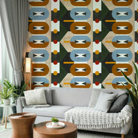 Bold geometric wallpaper with earthy colors for living rooms

