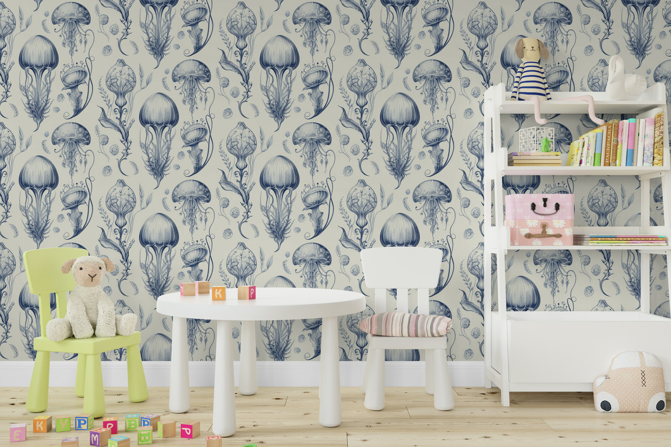 Fantastic Jellyfish - Delft Blue & Cream wallpaper for peaceful decor


