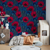Wildflower-inspired wall mural with poppies

