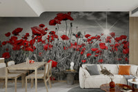 Non-woven wallpaper with poppies and sun

