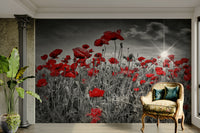 Floral wallpaper mural with golden sunlight

