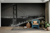 Monochrome mural of Golden Gate Bridge at dusk

