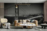 Elegant bridge mural with evening fog and calm tones

