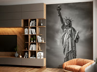 Urban skyline mural with the Statue of Liberty

