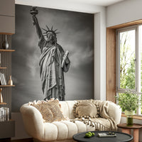 Black-and-white mural wallpaper of NYC statue

