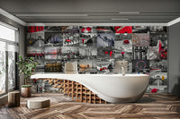 High-contrast urban scenes in collage mural wallpaper

