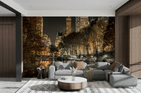 Urban park with trees and lights creating a calming atmosphere

