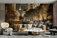 Detailed nighttime cityscape with glowing lights and reflections

