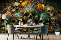 Vivid flowers and golden skulls creating a striking focal point

