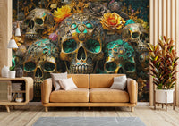 Golden Skulls & Floral Rhapsody Wall Mural featuring golden skulls

