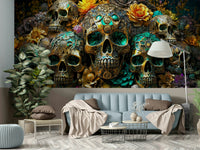 Floral designs intertwined with gold skulls on a dark background

