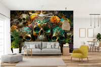 Golden accents on skulls contrasting with bright floral elements

