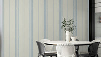 Sky blue linen wall covering with a soft boho stripe pattern.

