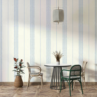 Cozy and calm boho linen wallpaper with sky blue stripes.

