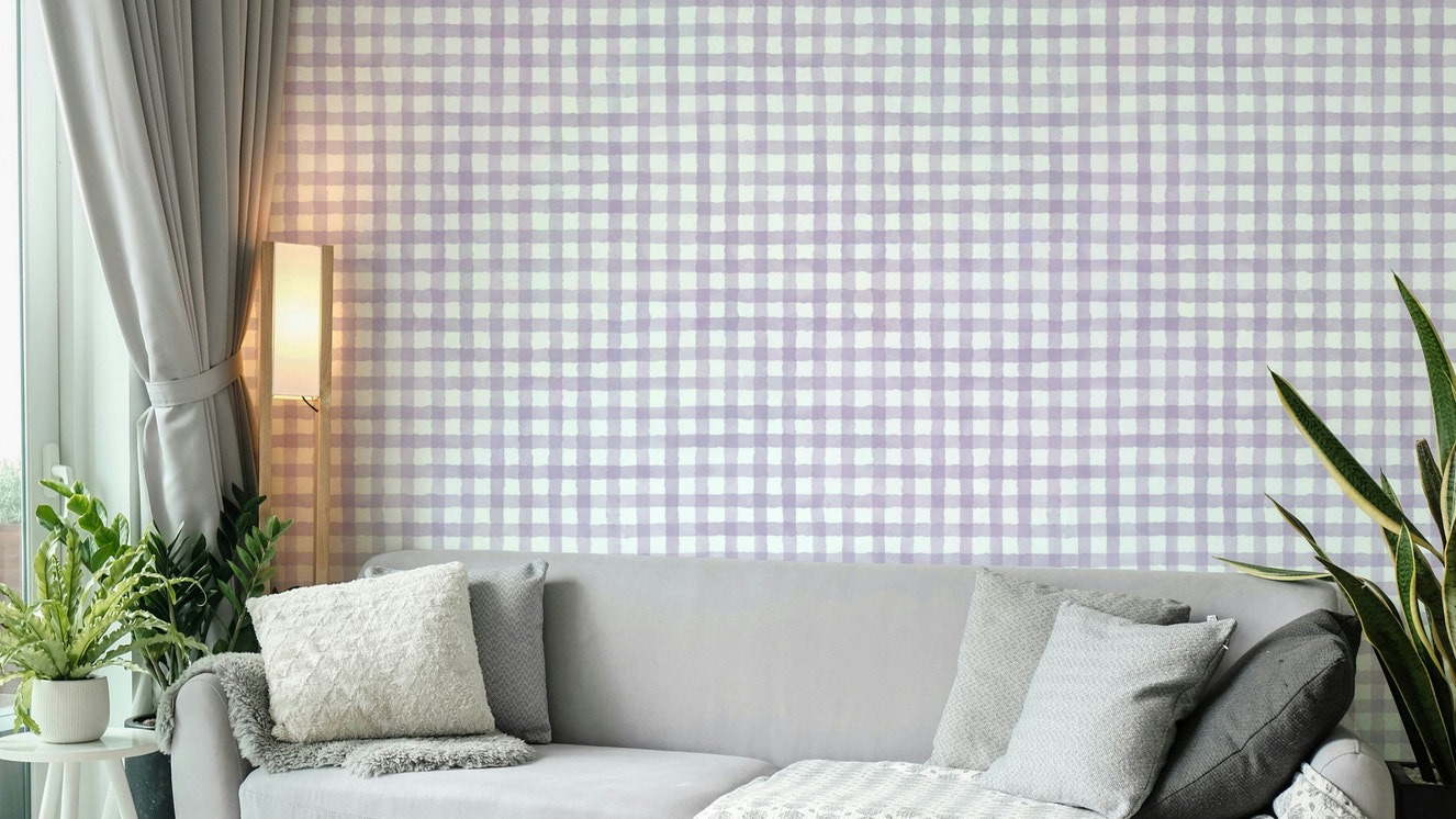 Wallpaper with soft violet and beige tones
