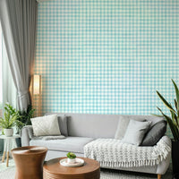 Farmhouse-style gingham wallpaper with beige tones
