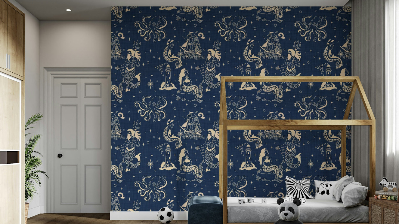 Ink-drawn ships and creatures on wallpaper
