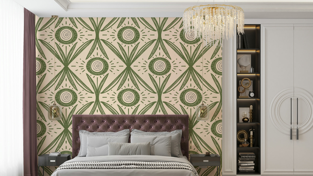 Botanical wall mural in olive green
