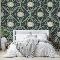 Folk Bloom Radiance Sage Charcoal wallpaper design
