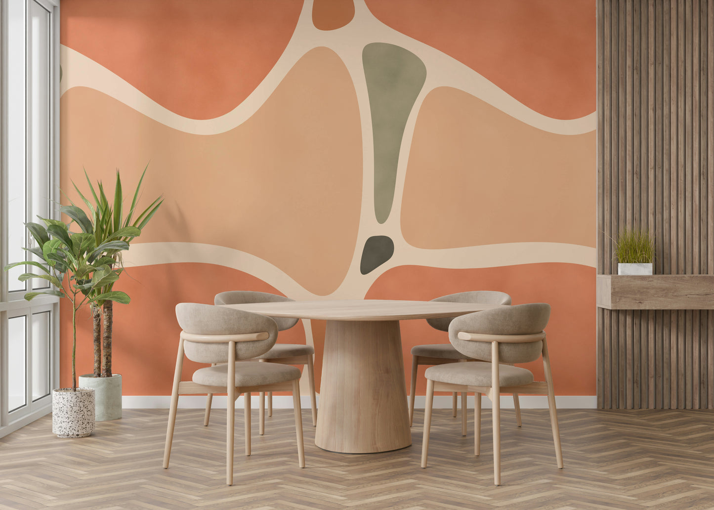 Terracotta and beige shapes on wall design

