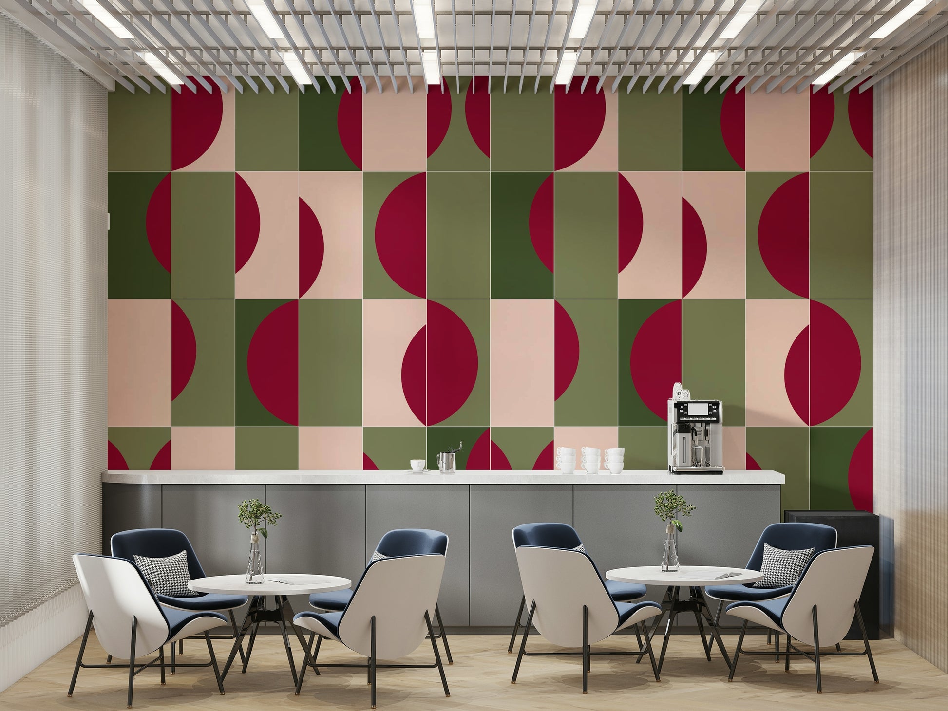 Soft tile mural wallpaper with botanical patterns

