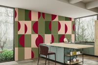 Mural wallpaper featuring floral and abstract tiles

