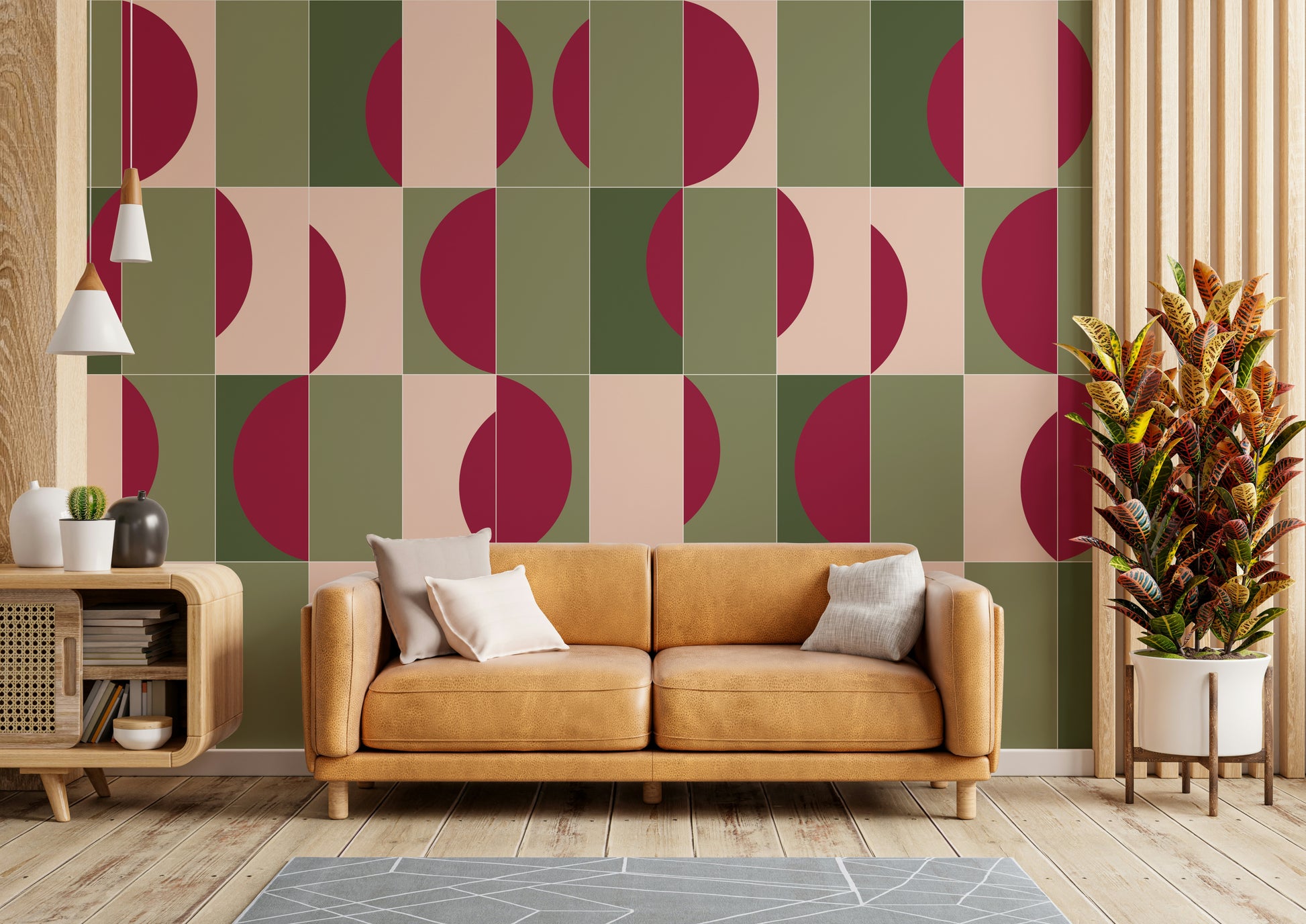Wall mural with natural tile layout and motifs

